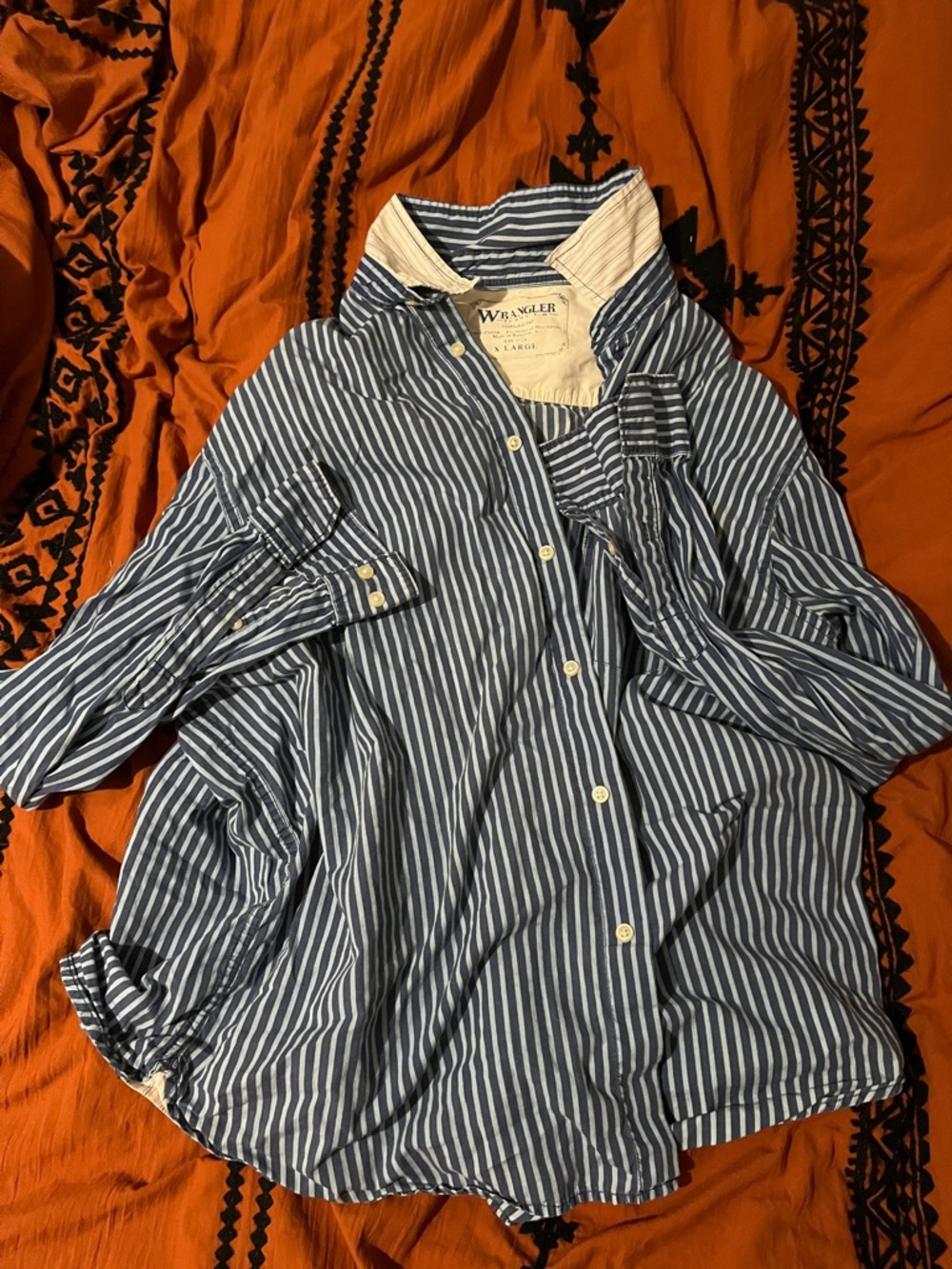Wrangler Navy and White Vertical Stripe Button-Down Shirt